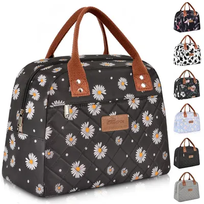Produktbild von Isolierte Lunchtasche für Damen und Herren, Schwarz mit Chrysanthemenmuster, 29x21x16,5 cm