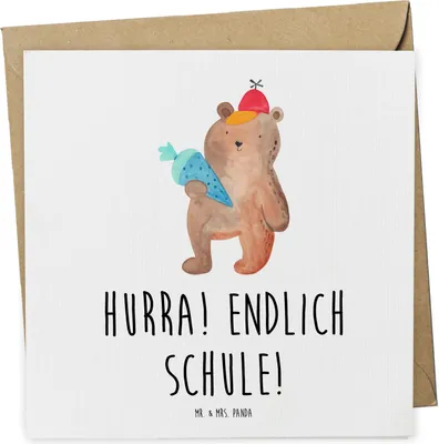 Produktbild von Mr. & Mrs. Panda Glückwunschkarte Bär Schultüte - Weiß - Geschenk, Schulbeginn, Erster Schultag, Einschulung, doppelkarte, anlasskarte, Klappkarte, Grundschule, Grußkarte