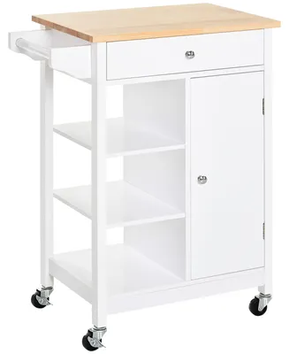 Produktbild von Platzsparender Kš¹chenwagen aus MDF mit Arbeitsplatte aus Gummibaumholz, Schublade, Schrank, 3 Ablagen, verstellbaren Ablagen, Geschirrtuchhalter und Schwenkrollen, 66 x 39,5 x 86,5 cm, Wei?
