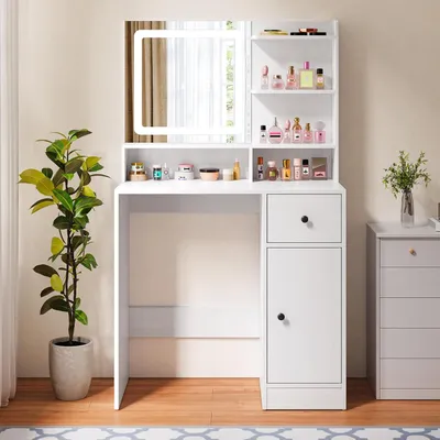 Produktbild von Bealife VB34 Toaletní stolek se zrcadlem s LED osvětlením, se zásuvkami a skříňkou, toaletní stolek se 2 policemi, moderní, 80 x 40 x 136 cm, bílý