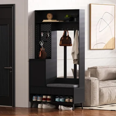 Image de MODFU Ensemble de meuble d’entrée–Armoire avec portes et tiroirs,ensemble de rangement avec banc à chaussures,porte-manteaux mural avec crochets,Noir
