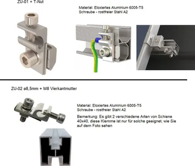 Produktbild von 10st Erdungsklemme ZU-02+ Vierkantmutter Alu Edelstahl Solar PV für Aluprofil Photovoltaik-Module