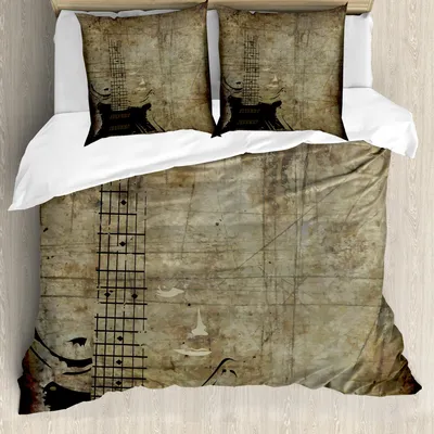 Produktbild von ABAKUHAUS Gitarre Bettbezug Set, Verblaßtes Instrument-Muster mit Weinlese spornte Hintergrund mit beflecktem Entwurf an, 155 x 220 cm + 80 x 80 cm, Pale Braun Schwarz