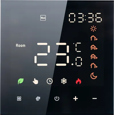 A digital thermostat display showing the time, room temperature, and various icons.