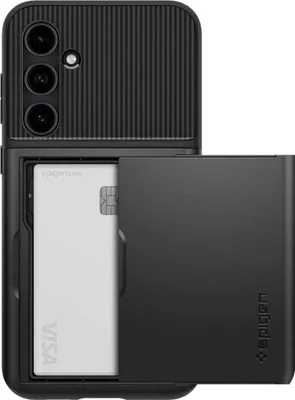 A black phone case with a sliding compartment for cards.