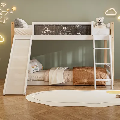 Produktbild von okwish Etagenbett Stockbett 90x200cm mit Treppe und Rutsche, Hochbett mit Rausfallschutz, Massivholzbett Kinderbett Bettgestell mitkreißbrett,, Weiß