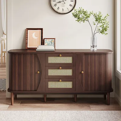 Produktbild von okwish Sideboard, Rattanschrank Rattankommode mit drei Schubladen, Kommode mit Schiebetüren Holzfarbe