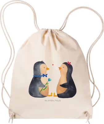 Produktbild von Mr. & Mrs. Panda Jutebeutel Pinguin Pärchen - Transparent - Geschenk, Verknallt, Liebe, Pinguine, Sportbeutel, Baumwolltasche, Beutel, Hochzeit, wander rucksack