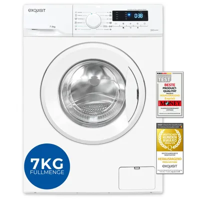 A white Exquisit washing machine is shown from the front against a white background. There are several award badges and a capacity indicator on the right and bottom left of the image.