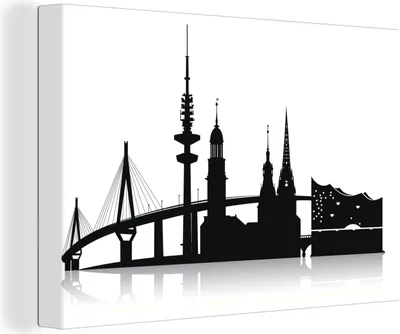 Obrázok produktu pre MuchoWow® - Obraz na plátne - Čiernobiela ilustrácia s panorámou Hamburgu, nástenná maľba, nástenné dekorácie obývacia izba, 90x60cm