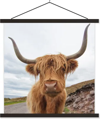 Produktbild von MuchoWow® Textilposter Schottisches Hochlandrind - Kuh - Landschaft 90x90 cm mit schwarzem Rahmen - Magnetisches
