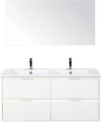 Produktbild von Badmöbel-Set Porto 120 cm mit Doppelwaschtisch Keramik 4 Schubladen und Spiegel weiß hochglanz