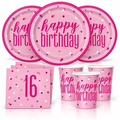 Produktbild von 16. Geburtstag Partyset Einweggeschirr rosa pink 48 tlg. Partygeschirr Teller Becher Servietten