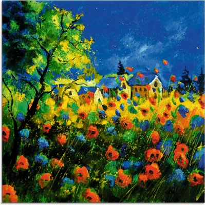 Produktbild von ARTland Glasbild Blaue und rote Mohnblumen Größe: 30x30 cm