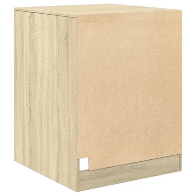 A cabinet with a wood-grain finish, shown from a side and front angle.