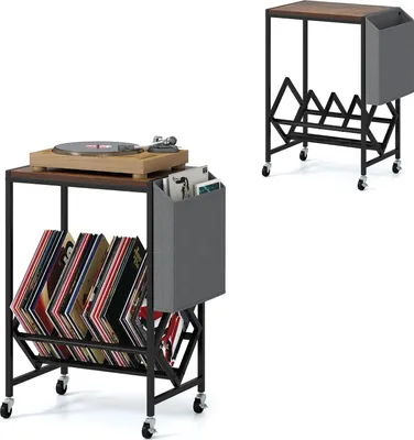 Zdjęcie produktu dla KOMFOTTEU stojak na gramofon na kółkach, stojak na płyty z materiałową torbą i półką, półka prezentacyjna wykonana z metalu, stojak na płyty, stolik na drukarkę do biura, salonu (brązowy)