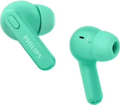 Two green Philips earbuds are shown against a white background.