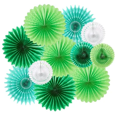 Image de Ensemble de 11 éventails en papier, vert forêt, pour décoration suspendue, anniversaire, mariage, baby shower, décoration de table