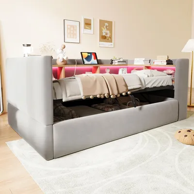 Produktbild von Merax Polsterbett Schlafsofa 90x190 mit Hydraulischem Stauraum,Tagesbett Gästebett mit LED Beleuchtung,Steckdose,Kinderbett mit Ablagefächer,Hellgrau