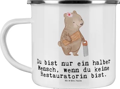 Produktbild von Mr. & Mrs. Panda Haferl Restauratorin Herz - Weiß - Geschenk, Teetasse, Reisebecher, Pott, Emaille Tasse