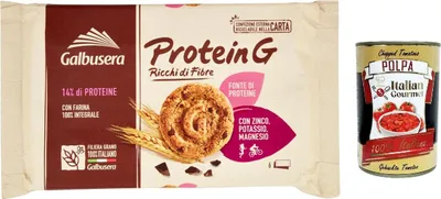 Produktbild von 3x Galbusera Protein G Kekse reich an Fasern mit tropfen schokolade 300g + Italian Gourmet polpa 400g