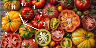 Produktbild von Wanduhr aus Glas mit Motiv Verschiedene Tomaten- 60 x 30 cm - inkl. Aufhängesystem
