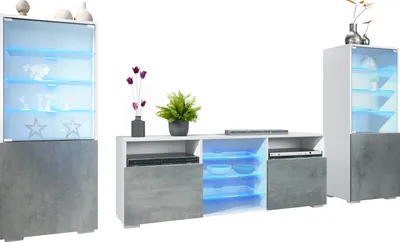 Produktbild von Vladon Wohnwand Granada, Anbauwand bestehend aus 2 Vitrinen und 1 TV-Board, Weiß matt/Beton Dunkel Optik inkl. LED-Beleuchtung (286 x 122,5 x 35 cm)
