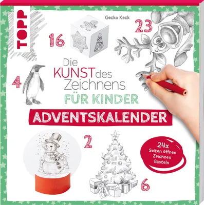A book cover for a children's drawing advent calendar, featuring various Christmas-themed illustrations and text.