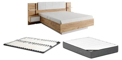 Produktbild von Bett mit Nachttischen 160 x 200 cm - Mit LEDs - Farbe: Natur und Weiß + Lattenrost + Matratze - ELYNIA