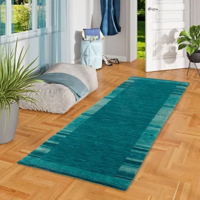 Produktbild von Läufer Natur Teppich Gabbeh Esta Blau Petrol Bordüre, Größe:70x140 cm