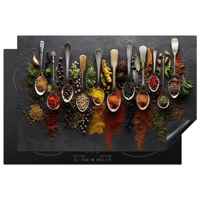 Obrázek produktu pro KitchenYeah® Krycí deska na sporák bylinky - koření - beton - lžíce, 80x52cm, kuchyňská dekorace, keramická krycí deska, krycí deska na varnou desku