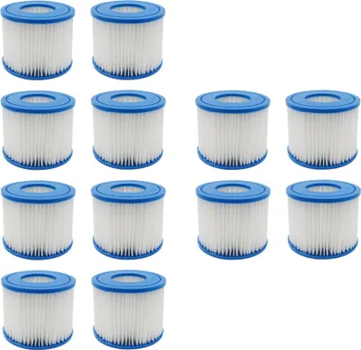 A collection of spa filters arranged in rows on a white background.