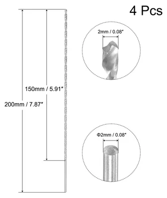 Produktbild von 4 Stš¹ck HSS Metallbohrer 2mm, Spiralbohre 200mm L?ngeHochwertige Universalbohrer fur Edelstahl und Metall