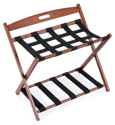 Imagen del producto de Soporte plegable para maletas de COSTWAY, con superficie de tela, fabricado en bambú, con asa de transporte y correas de nylon. Ideal para habitaciones de hotel, con dimensiones de 68x49x62 cm