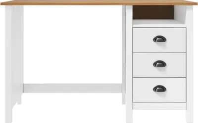 A white desk with a wooden top and three drawers on the right side, isolated on a white background.