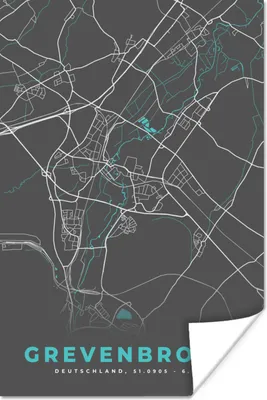 Produktbild von MuchoWow® Poster Stadtplan - Karte - Grevenbroich - Blau - Deutschland - Karte 120x180 cm - Kunstposter