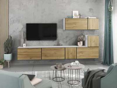 Produktbild von Wohnwand VARIANTO 2 Schrank Set 7 tlg., 266 cm, weiß matt / Evoke Eiche, grifflos, stehend und hängend
