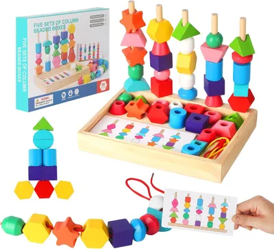 Obrázok produktu pre Montessori hračka 3 v 1 pre deti vo veku 2-3 a 4 roky: drevené korálky na navliekanie