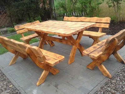 Produktbild von Gartenmöbel OJ, Holzgartenmöbel, Tisch + 2 Bänke + 2 kleine Bänke. Farbe geflammt