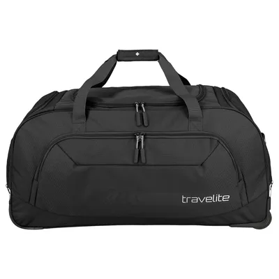 A black Travelite duffel bag is shown against a white background.