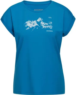 Blaues T-Shirt für Damen von Mammut mit Bergmotiv auf der Vorderseite.
