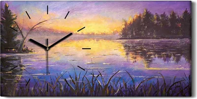 Produktbild von Wanduhr Uhr Wandbild Leinwand Geräuschlos 60x30 Malerei See Sonnenaufgang - schwarze Hände