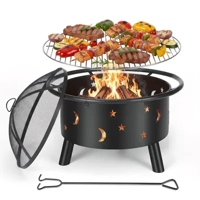Produktbild von Neu Holzkohlegrill Campinggrill mit BBQ Grillrosten und Schürhaken, inkl. Funkenschutz, Outdoor Feuerschale mit Kochrost für Garten, Camping, Party