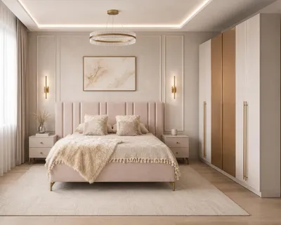 Productafbeelding van Slaapkamer set: bed, kledingkast. Modern, beige, harmonieus