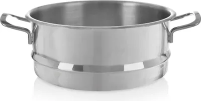 A stainless steel steamer pot with handles, shown from the side against a white background.