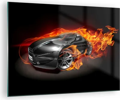 Produktbild von Bilder auf glas - Sportwagen Feuer Flammen Rauch - 70x50cm - Glasbilder - Wandbilder - Kunstdruck - zum Aufhängen bereit - Wanddekoration aus Glas - Glas Bilder - Wandbild auf Glas - GAA70x50-2656