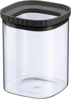 A clear studio shot of a glass food storage container with a gray lid.