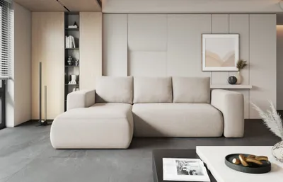 Produktbild von Easy4You Lambi Hellbeige Ecksofa L-Form Links 266 x 89 x 164 cm mit Schlaffunktion und Stauraum - Schlafsofa mit Bettkasten - Moderne Wohnzimmermöbel – Stoff: Castel 03