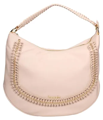 Produktbild von Damen Schultertasche aus echtem Leder, Beige, mit Griffen aus Kunstleder und goldenen Kettenapplikationen