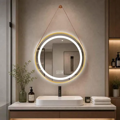 Image de Miroir de salle de bain LED rond avec éclairage, anti-buée, miroir mural tactile, variateur d'intensité, miroir décoratif avec cadre, diamètre 60 cm, finition dorée